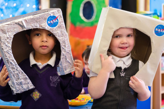 wycliffe nursery pupils wearing cardboard helmets